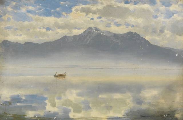 湖中的孤舟风景油画
