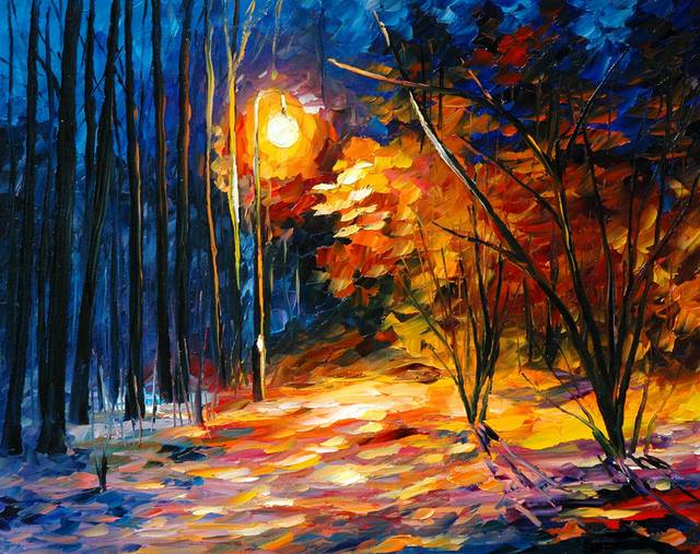 树林夜景油画