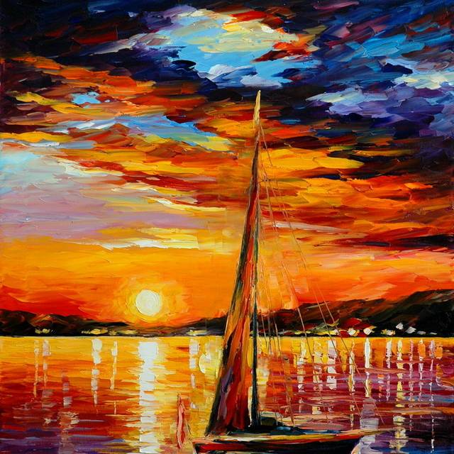 夕阳小帆船油画