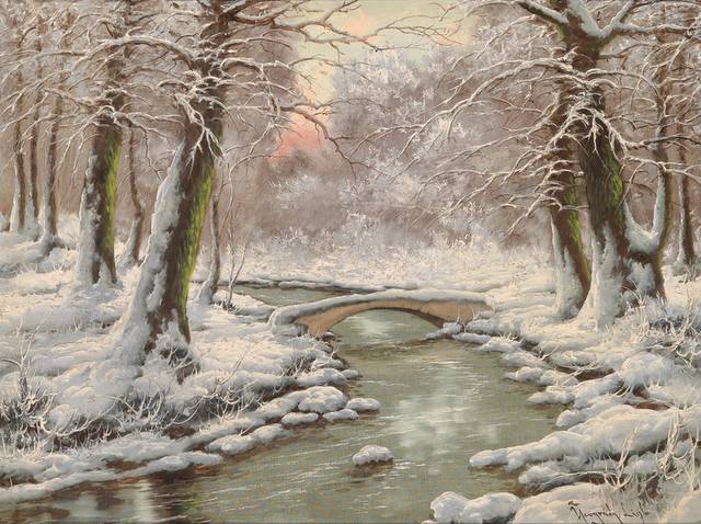林中雪景风景油画
