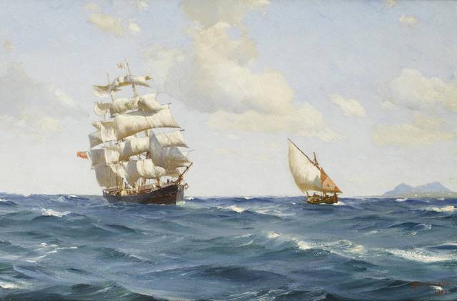 蓝色大海上的船风景油画1