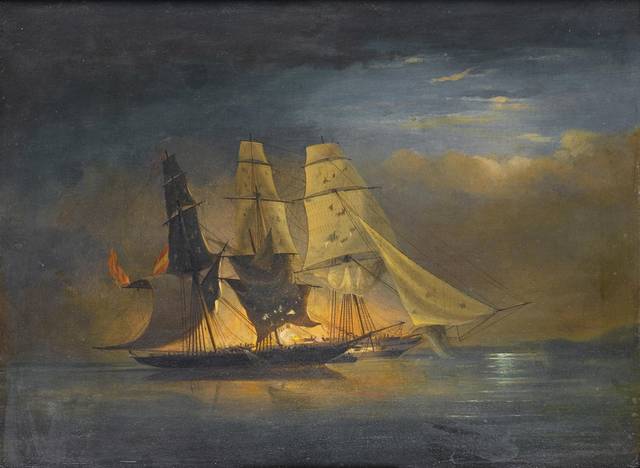 夜中航行的船风景油画
