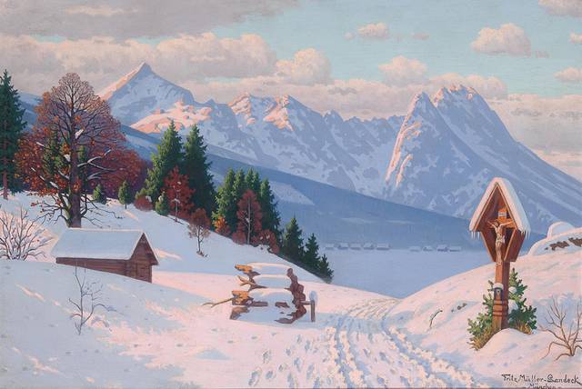 雪中丛林风景油画