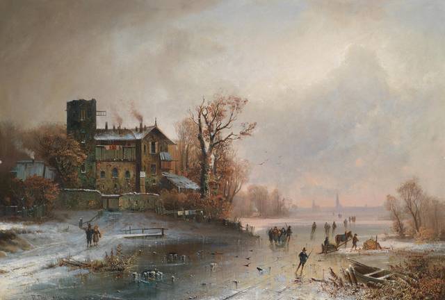 冬天结冰的河面上风景油画
