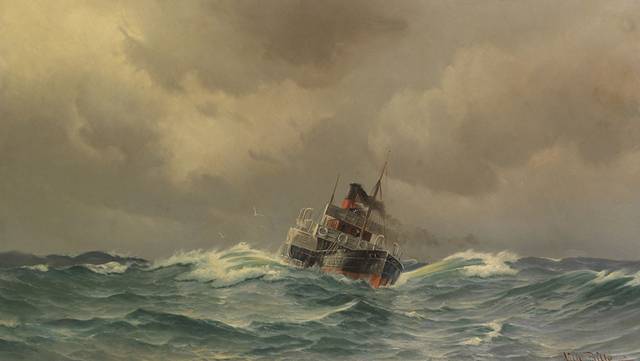浪中行驶的船风景油画
