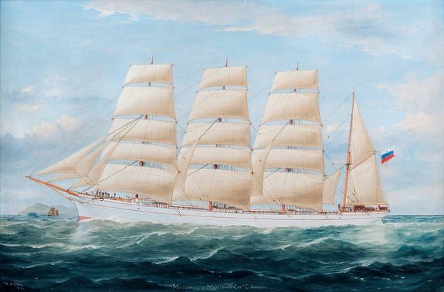 海中巨船风景油画