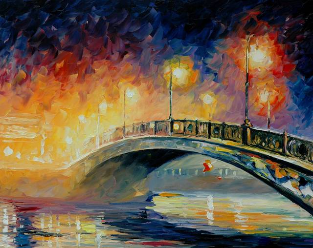 大桥夜景油画