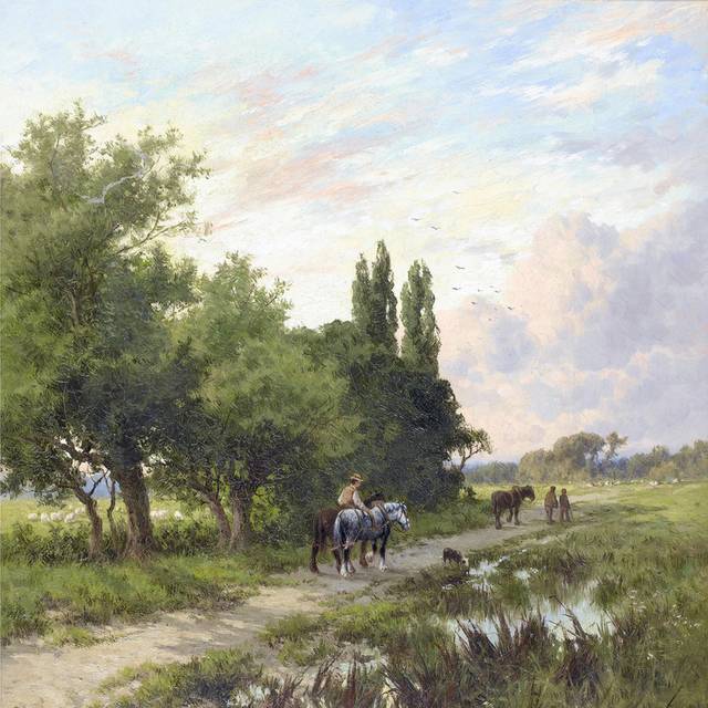 岸边骑马的人风景油画