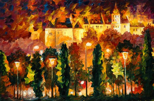 城堡夜景油画
