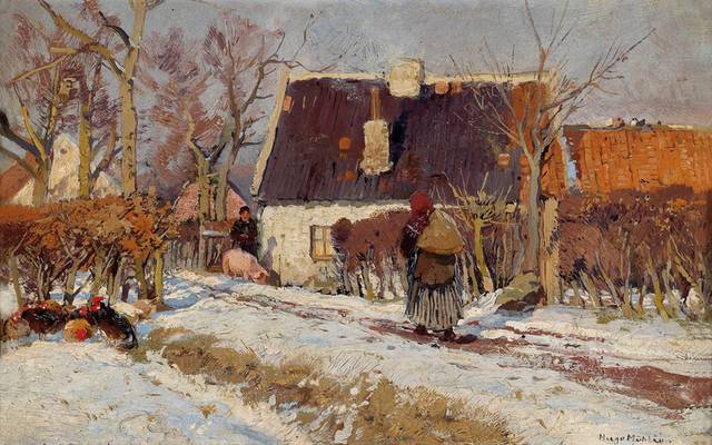冬日的村子风景油画