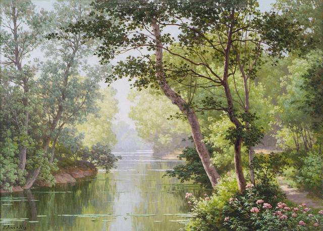 夏日河流风景油画