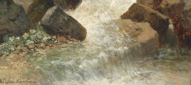奔流的溪水风景油画