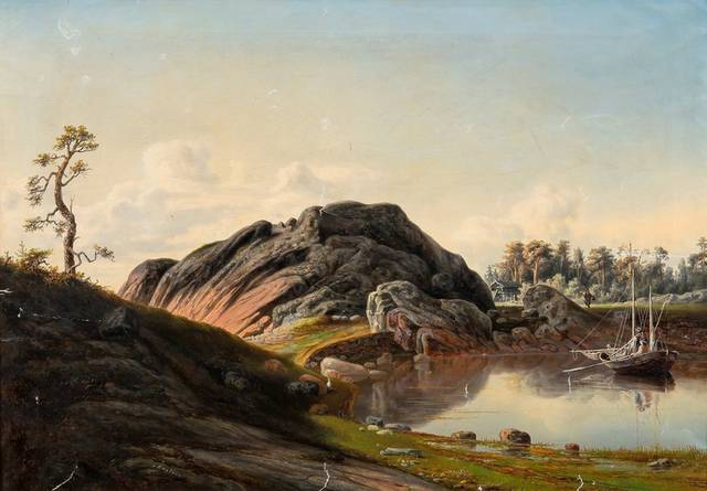 河边的石坡风景油画