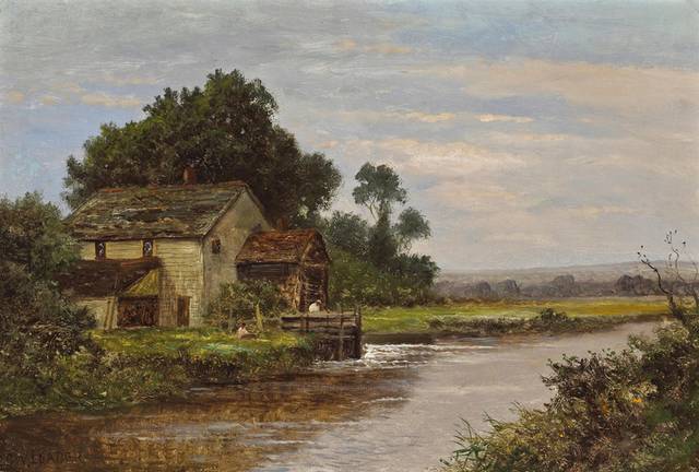 河边小屋风景油画