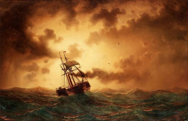 夕阳中行驶的船风景油画