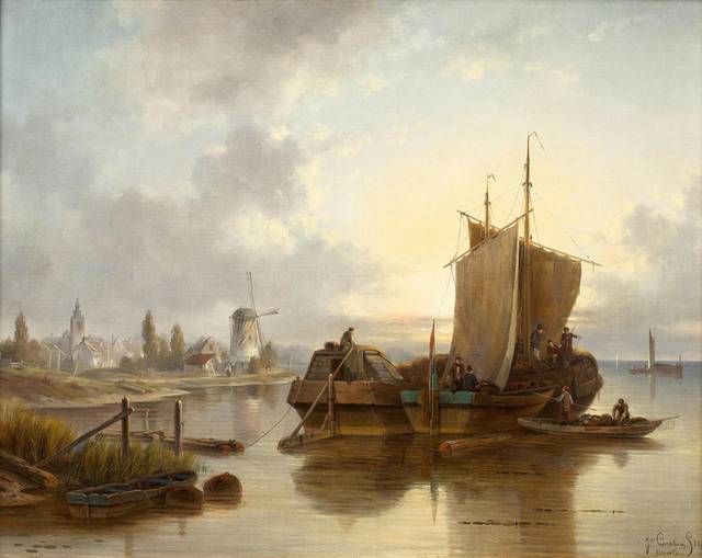 河边帆船风景油画