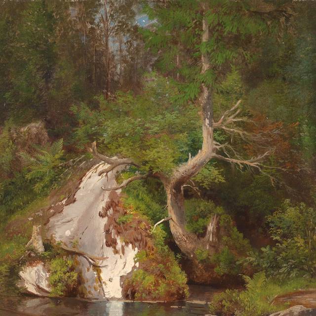 河边树木风景油画
