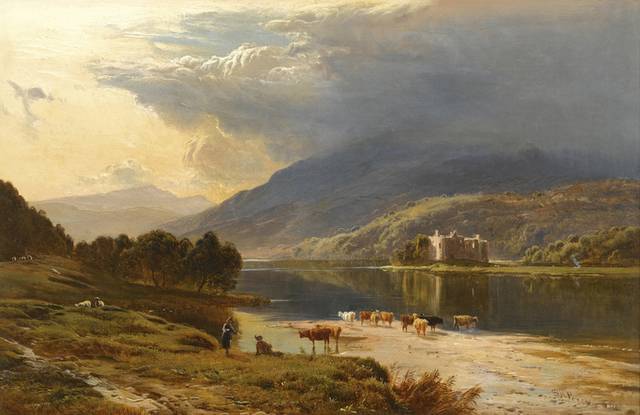 湖边的牛群风景油画