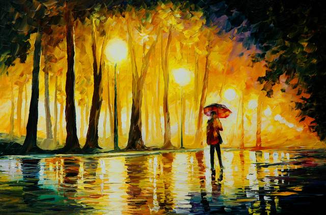 雨中公园美景油画