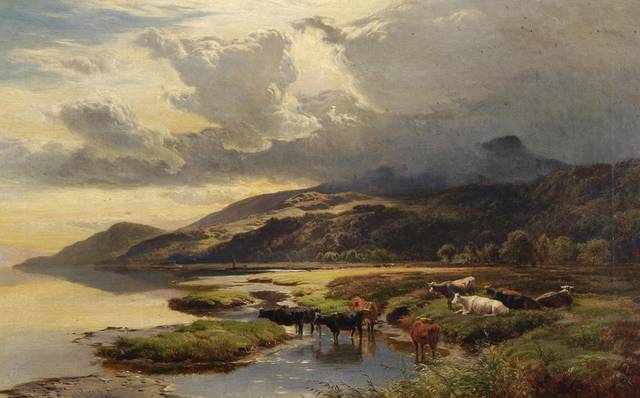 河边草地上的牛群风景油画