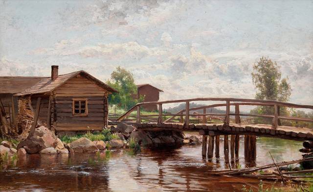 木桥风景油画