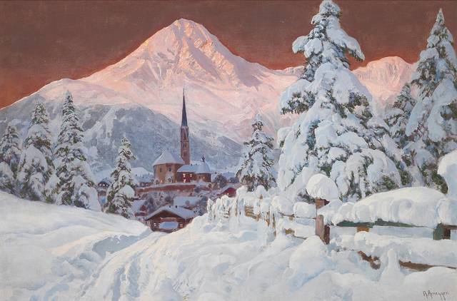 雪中城堡风景油画