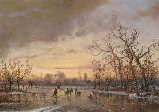 冬日的冰面风景油画