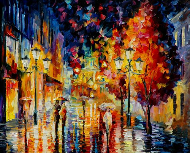 雨中夜景油画