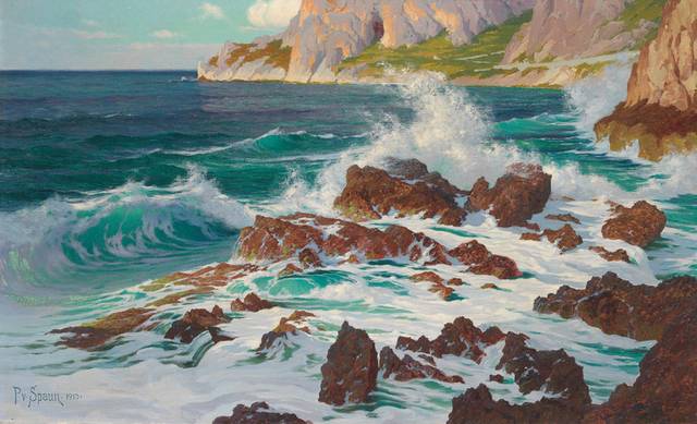 海中的岩石风景油画