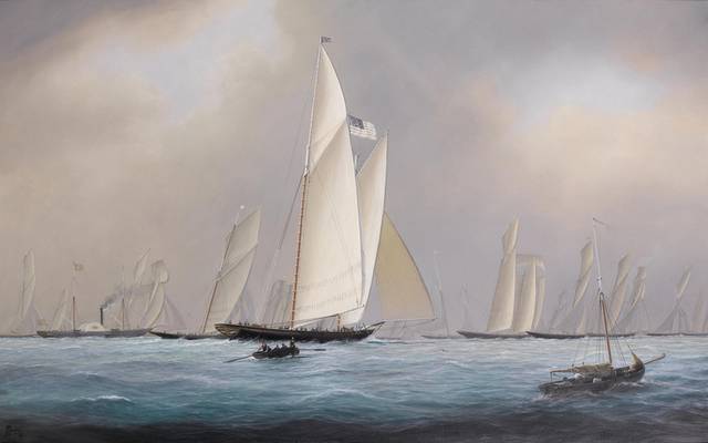 航行的白色帆船风景油画