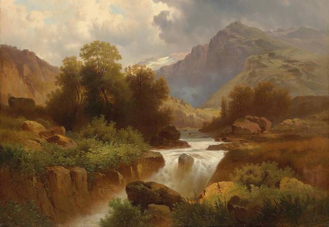 山林里的溪流风景油画