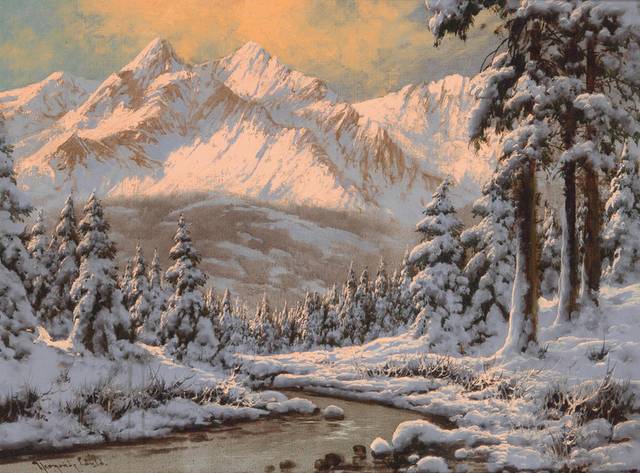 雪天的山林风景油画