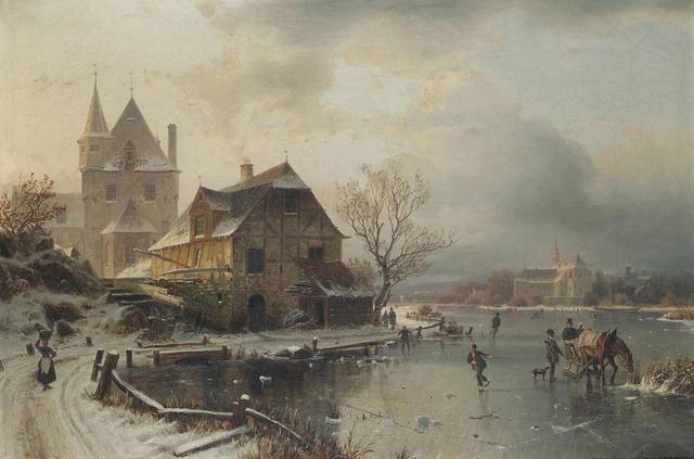 冬日的村庄风景油画
