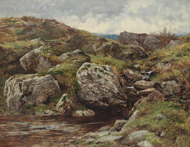 溪边石头风景油画