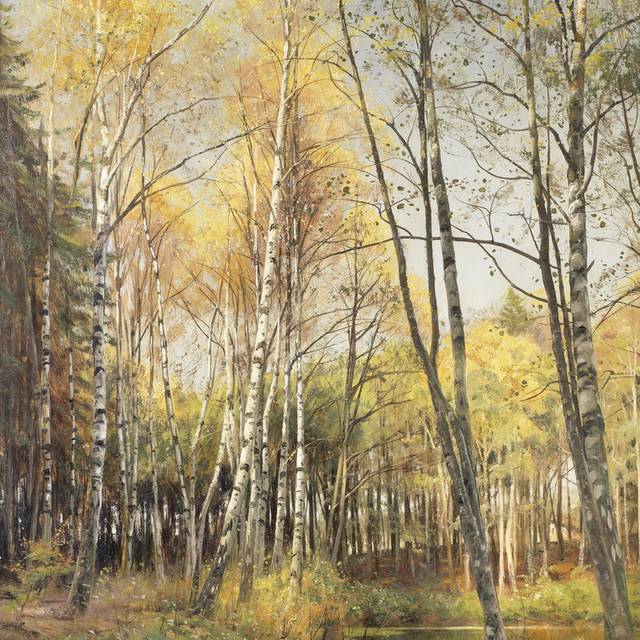 林中的小溪风景油画