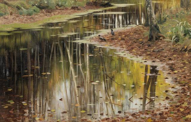 林中的小溪风景油画