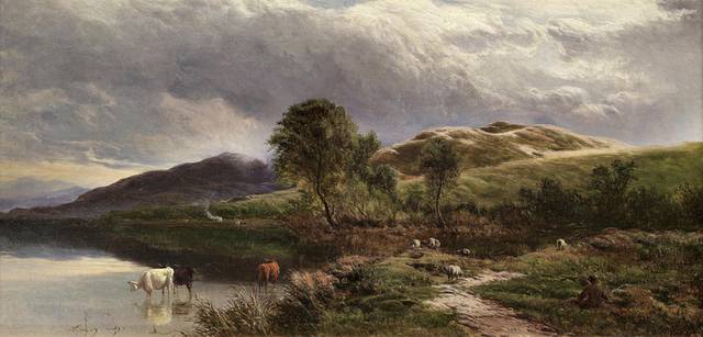 湖边喝水的牛羊风景油画