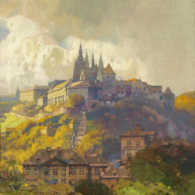 阳光下的城堡风景油画