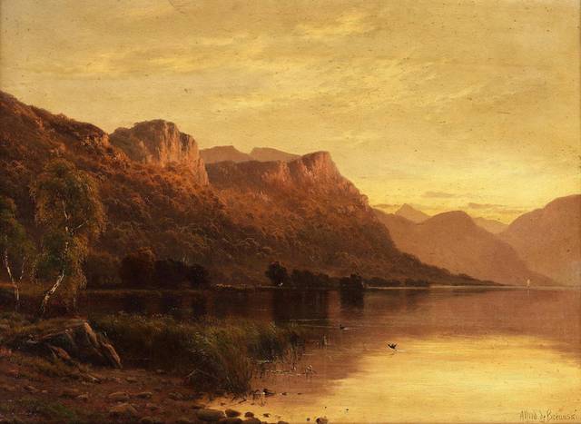 落日下的河面风景油画