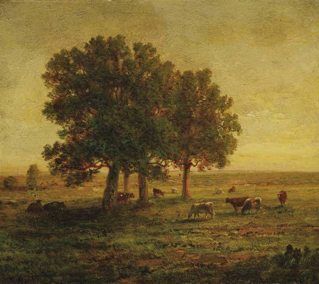 夕阳下的牛群风景油画