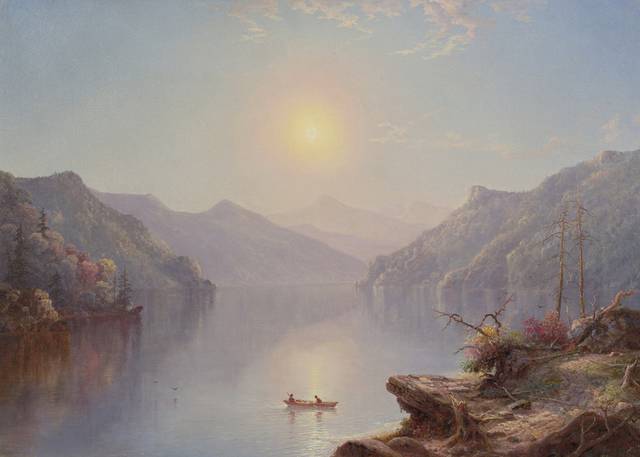 阳光下美丽的湖水风景油画