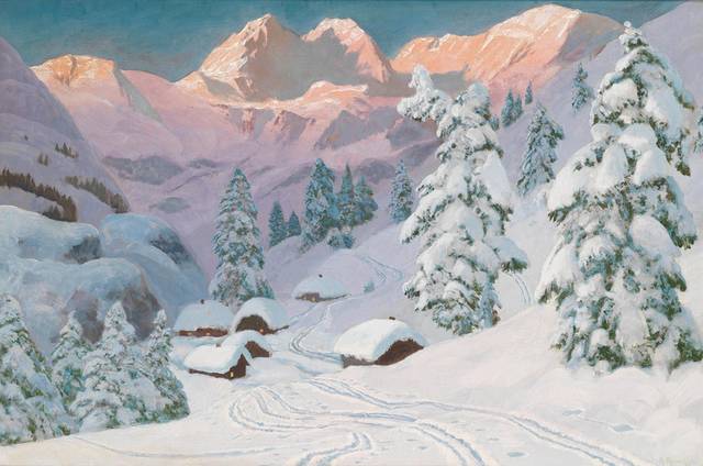白雪下的村庄风景油画