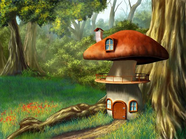 林中蘑菇小屋油画装饰画