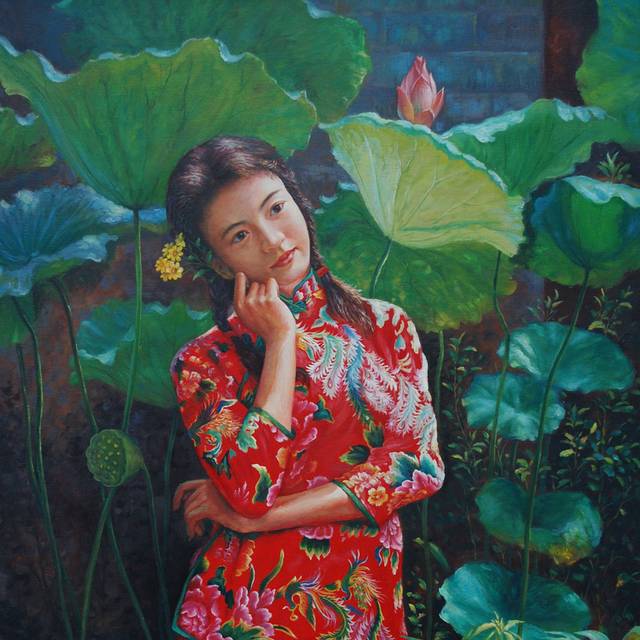 穿花袄的女孩无框画