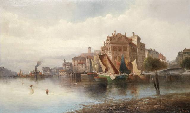 城中河风景油画