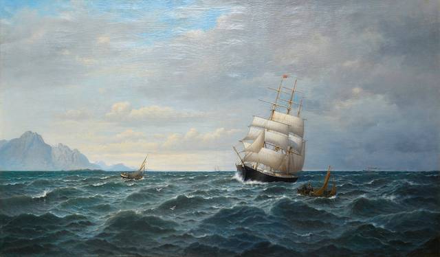 蓝色海面上的船只风景油画