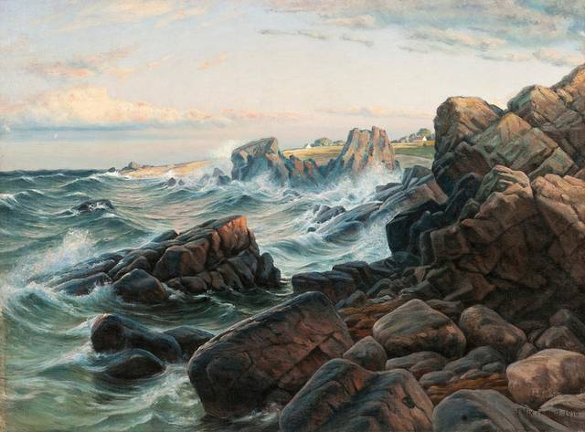 海浪中的岩石风景油画