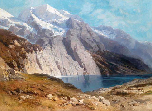 山间清澈的湖泊风景油画