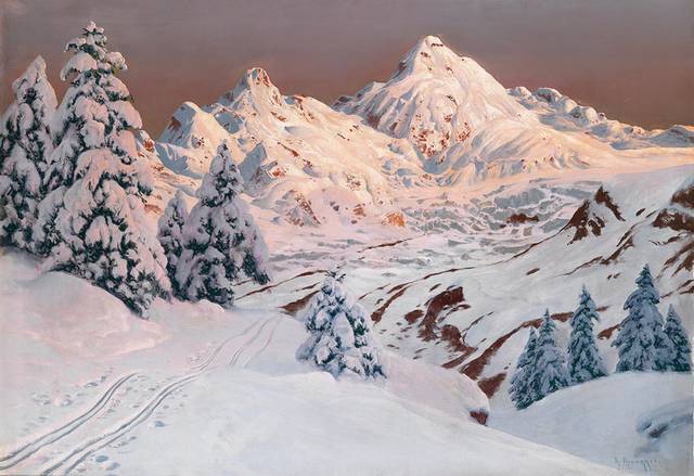 阳光下的雪山风景油画