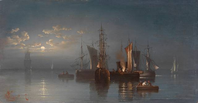 夜幕下的帆船风景油画